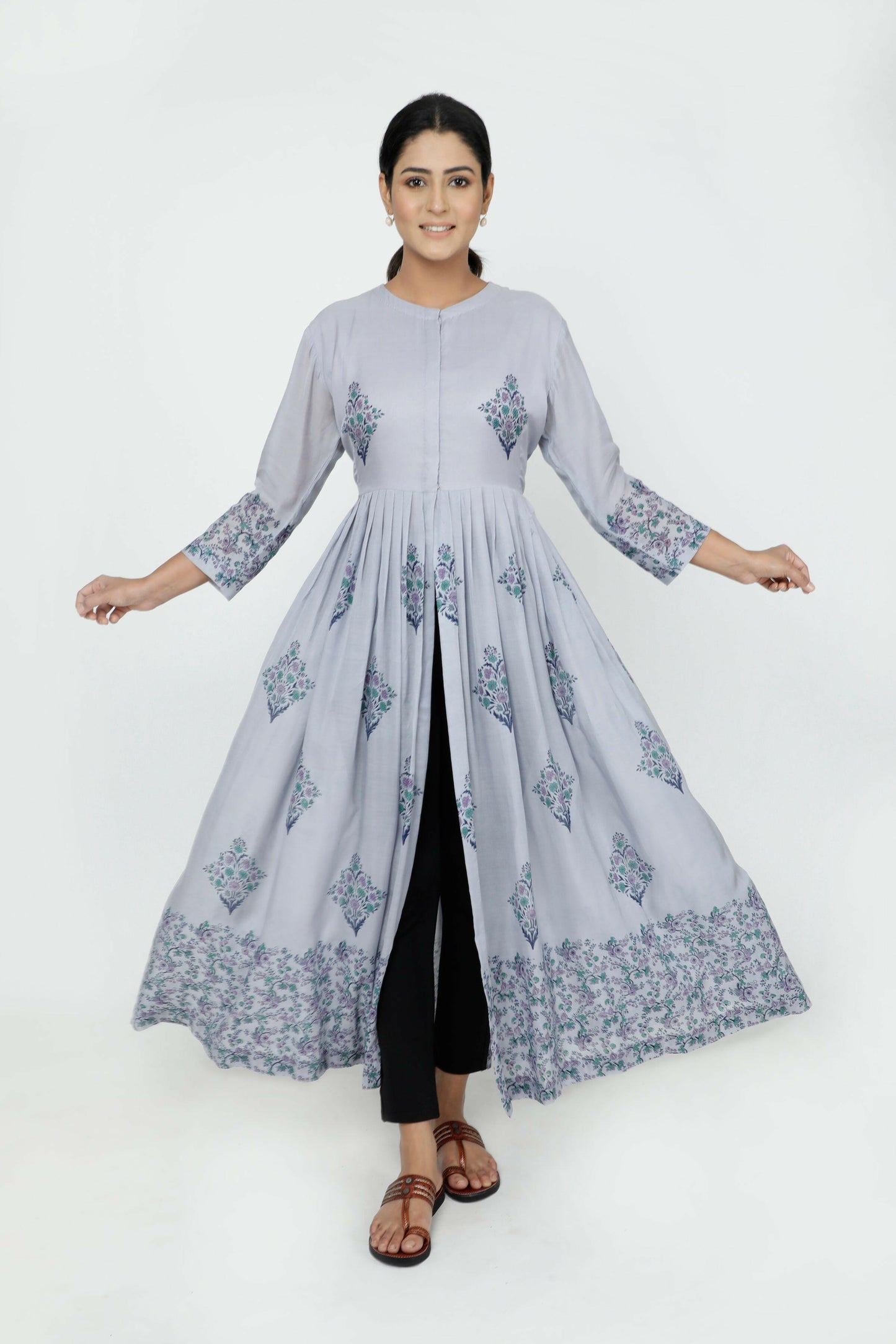 Blue Hand Block Printed Modal Silk Kurta