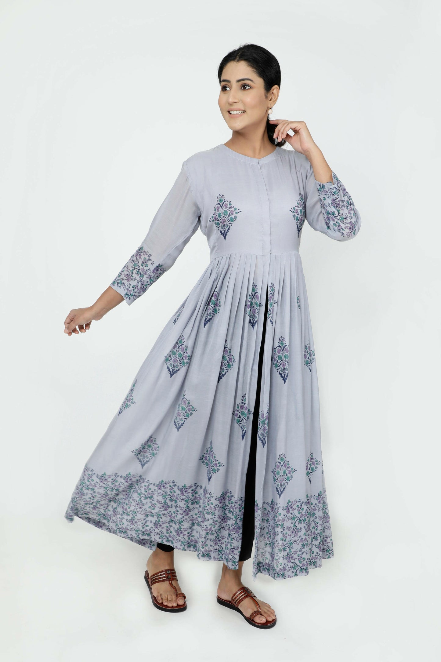 Blue Hand Block Printed Modal Silk Kurta