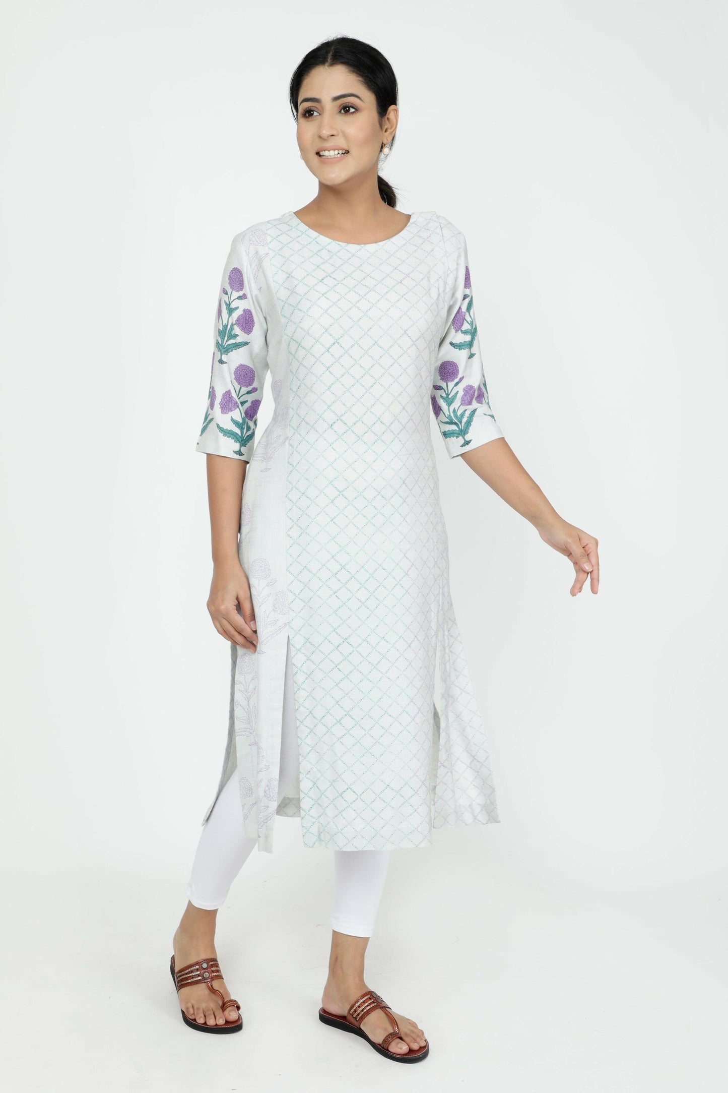 Purple Hand Block Printed Woolen Kurta