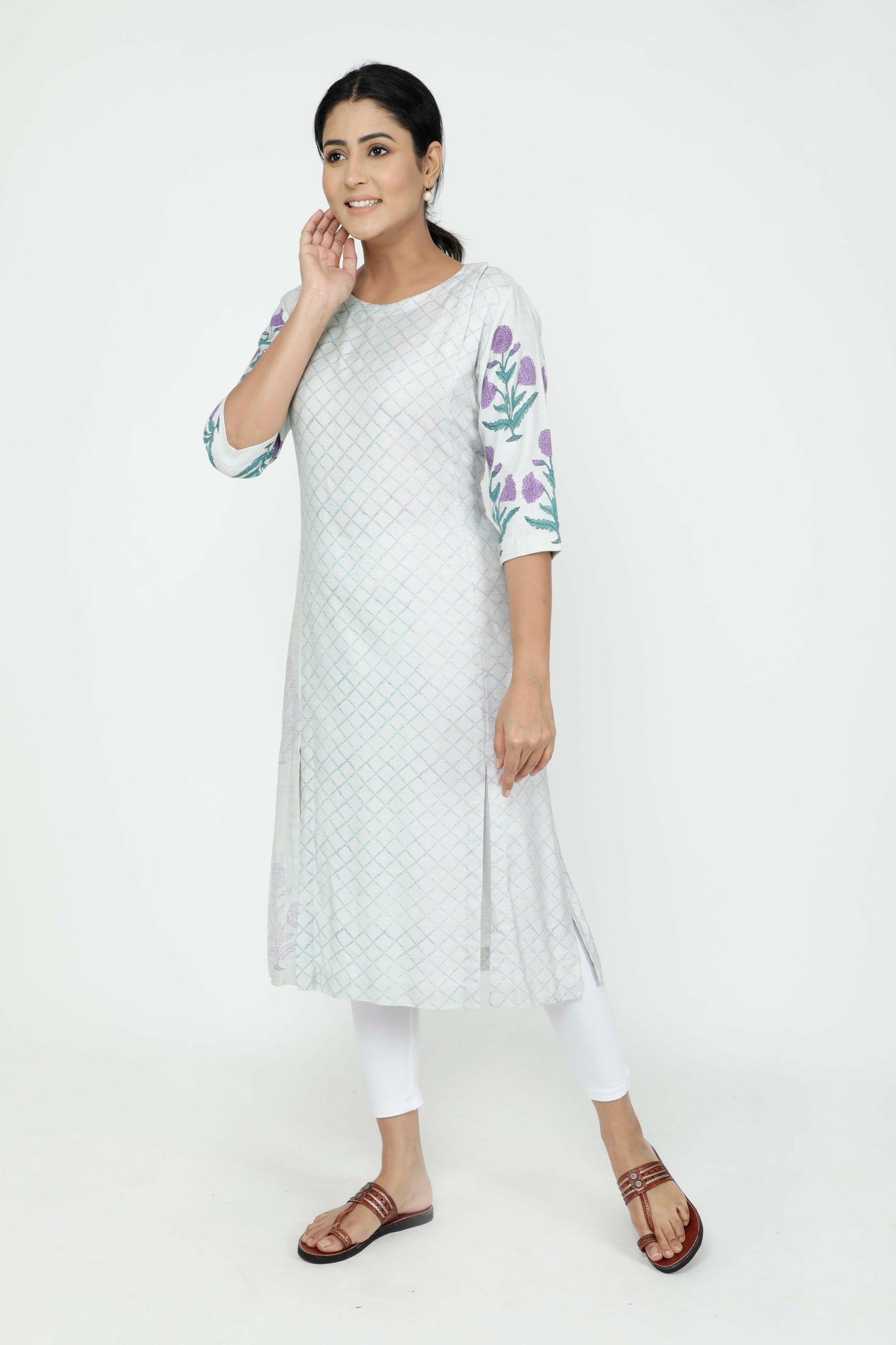 Purple Hand Block Printed Woolen Kurta