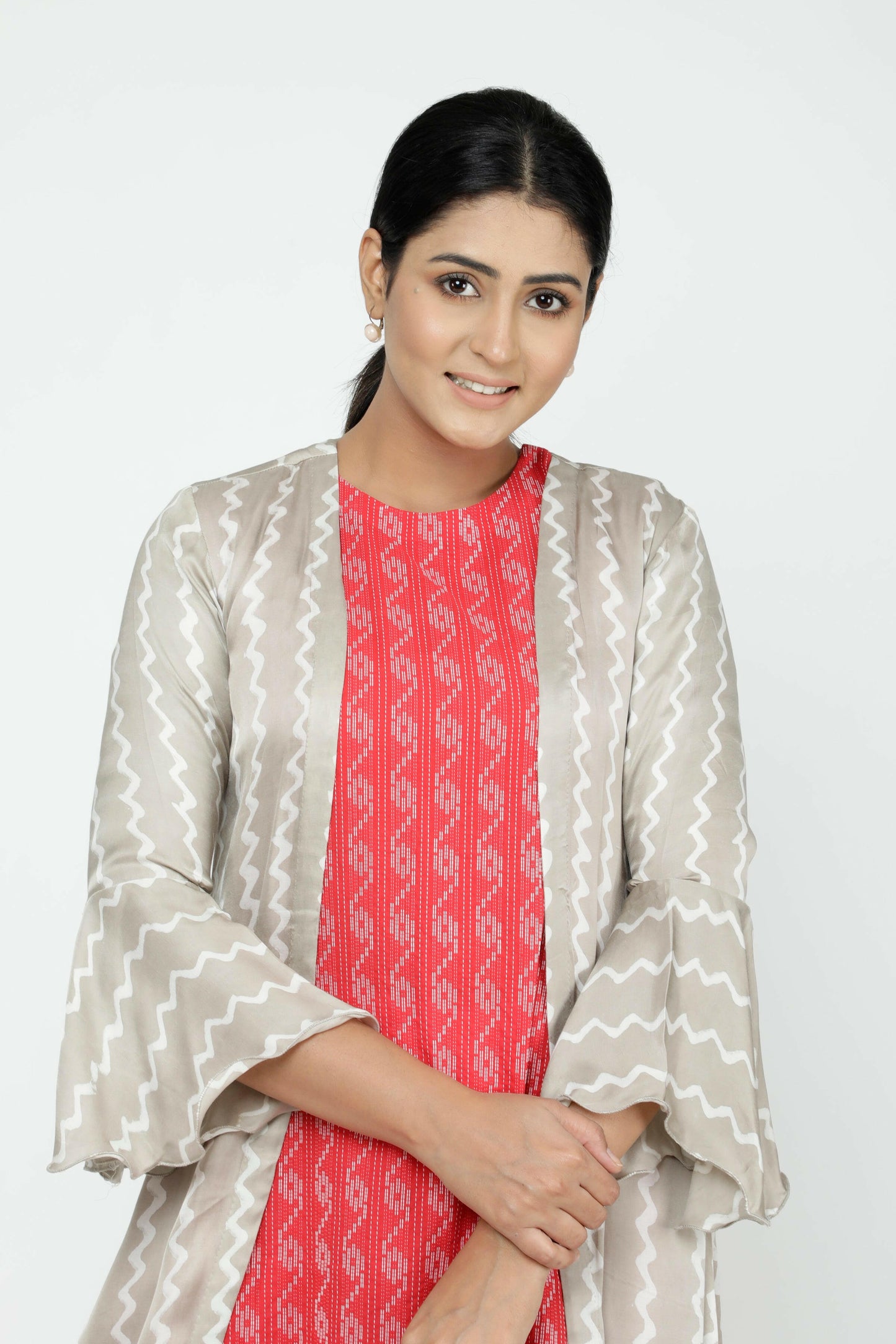 Red Kantha Kurta With Embroidered Jacket