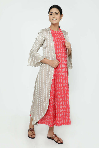 Red Kantha Kurta With Embroidered Jacket