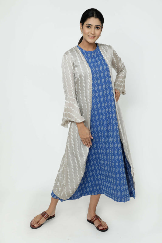 Blue Kantha Kurta With Embroidered Jacket