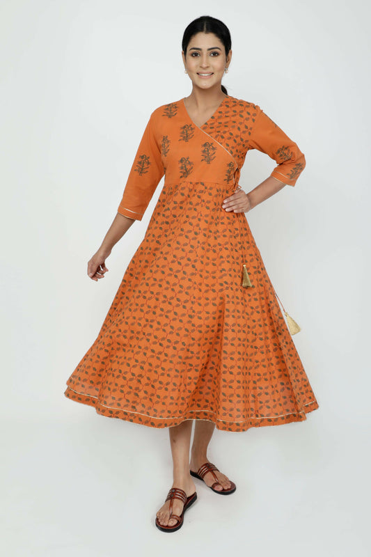 Orange Cotton Printed Anarkali Angrakha Kurta