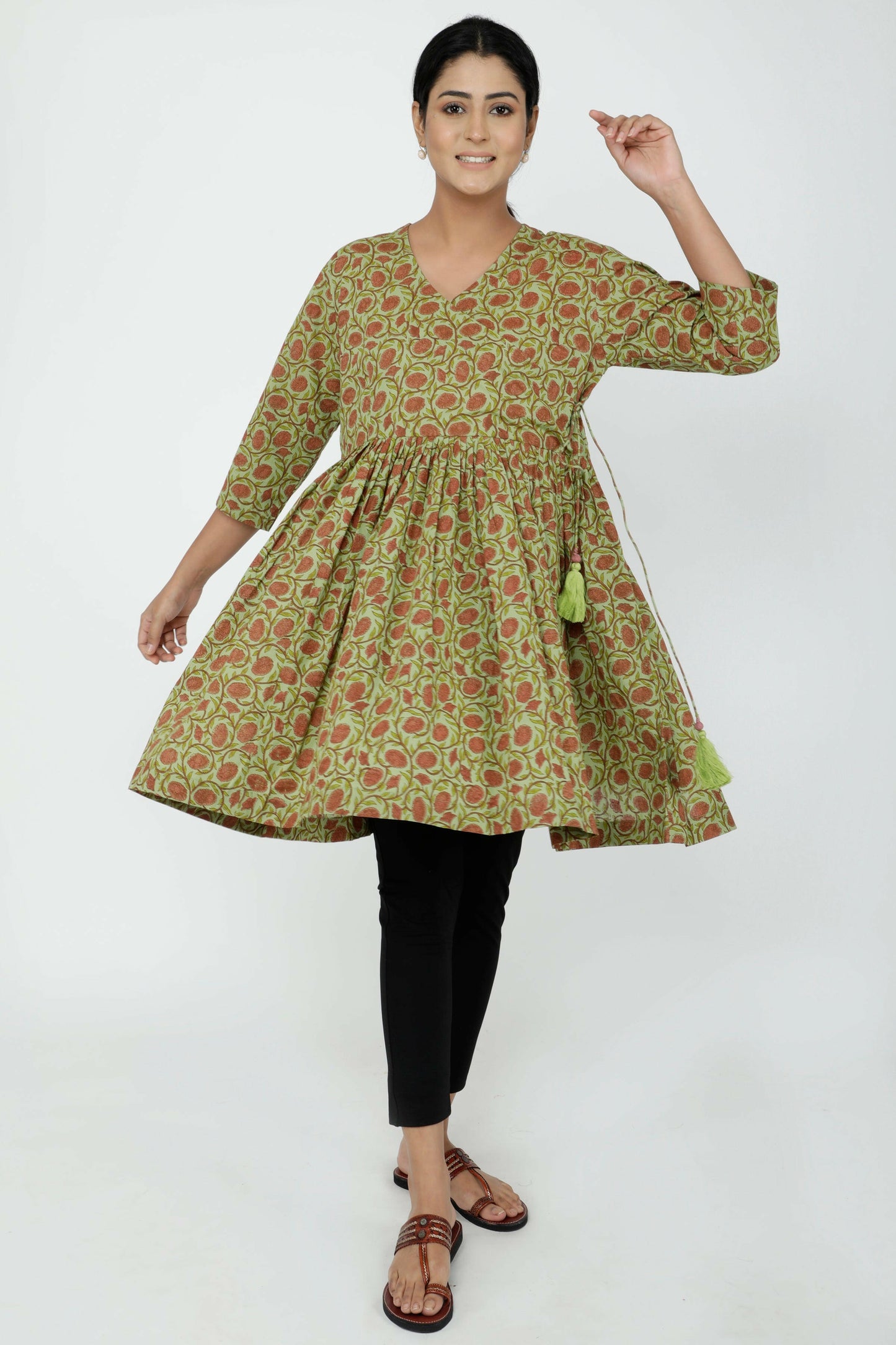 Green Cotton Printed Angrakha Short Kurti