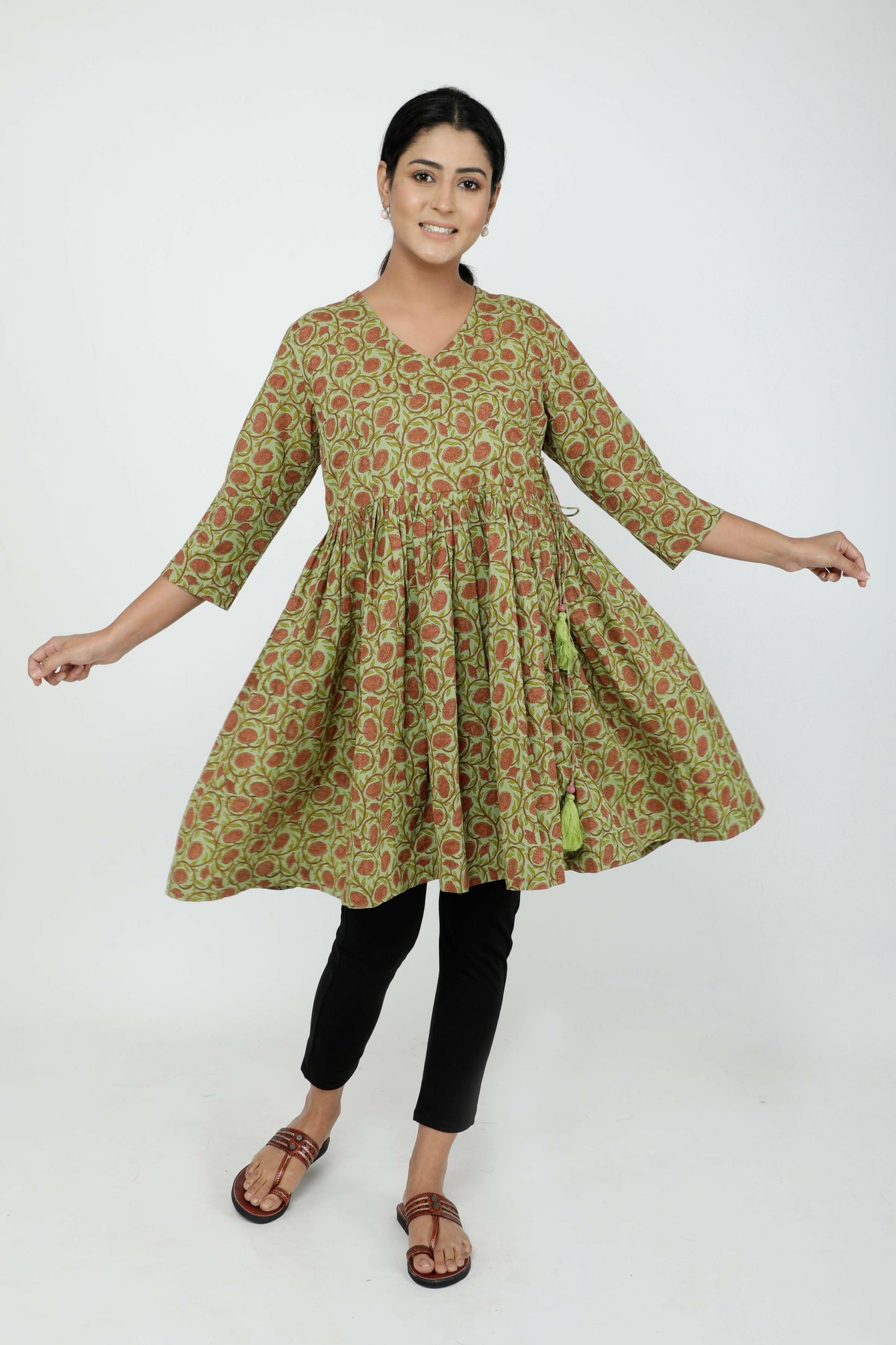 Green Cotton Printed Angrakha Short Kurti