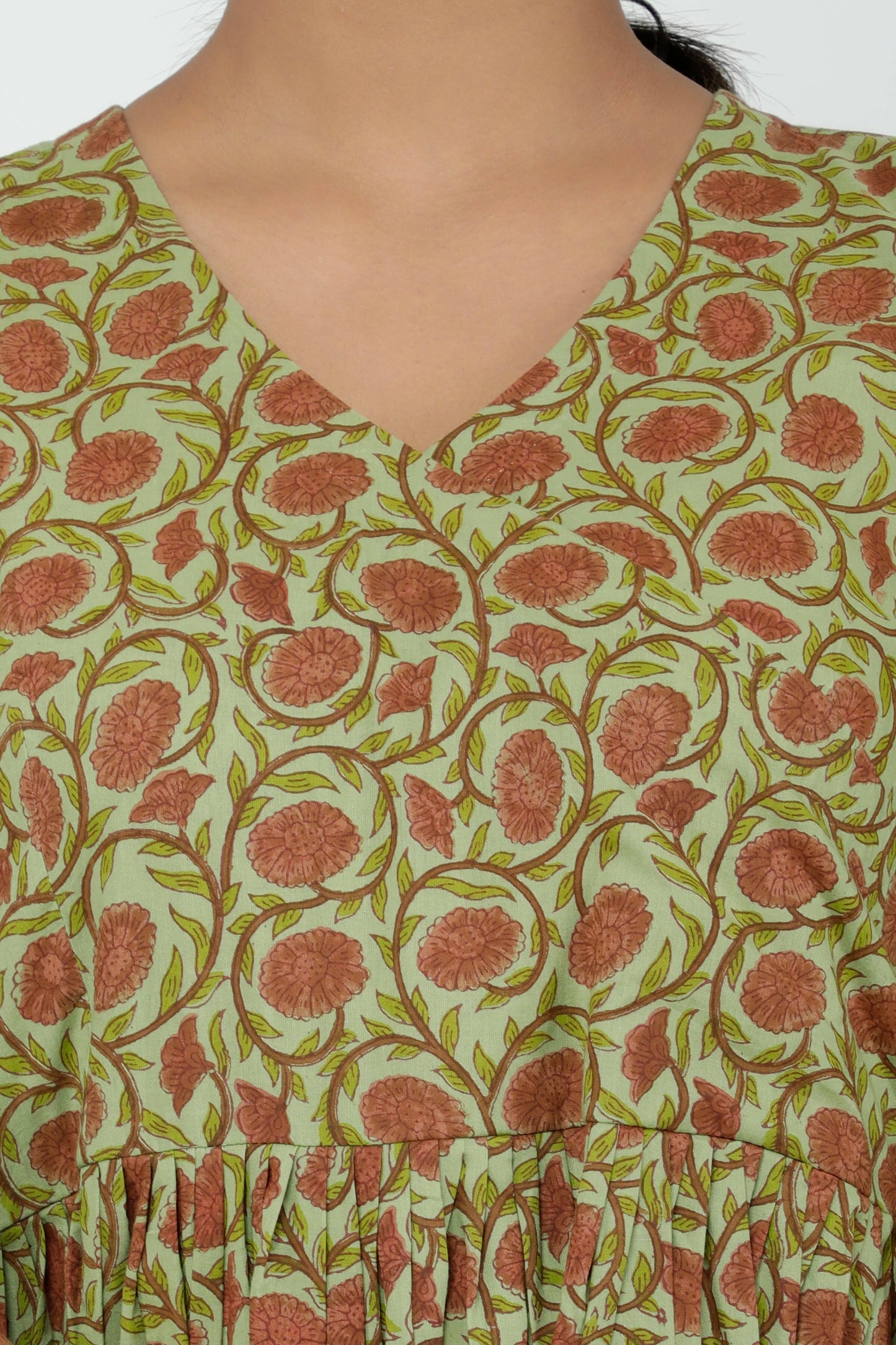 Green Cotton Printed Angrakha Short Kurti