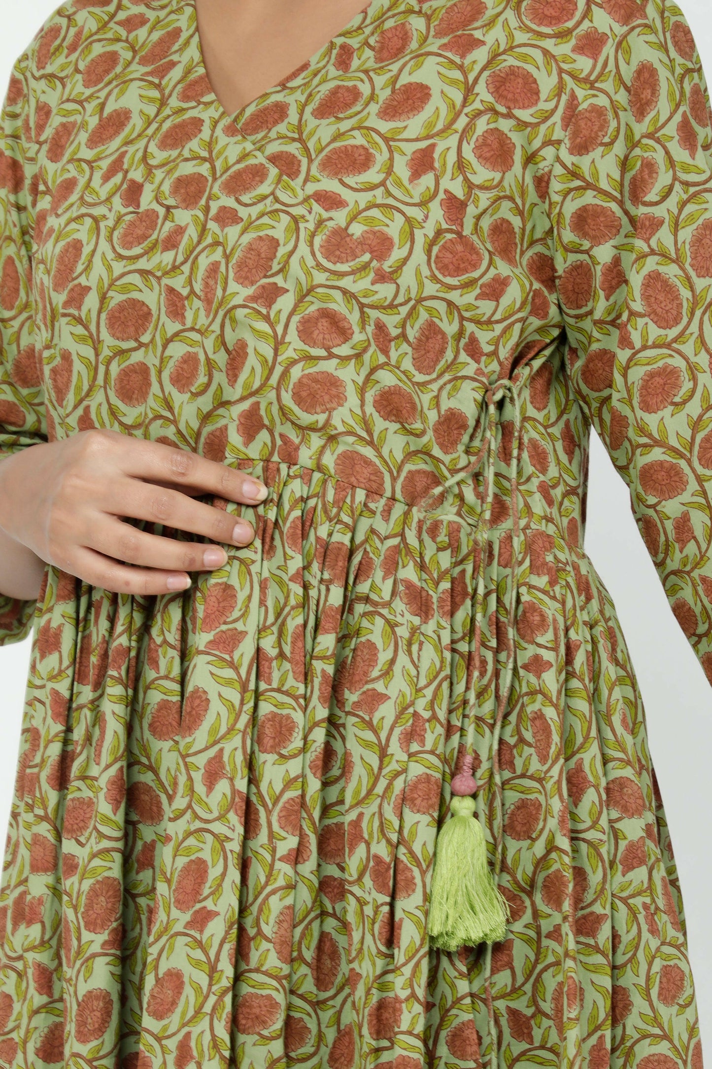 Green Cotton Printed Angrakha Short Kurti