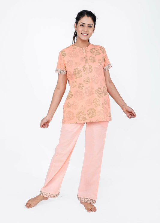 Coral Rose Women's Block Printed Night Suit