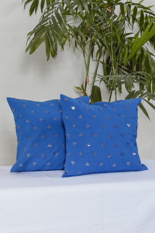 Blue Sequins Cotton Cushion Cover