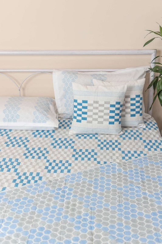 Blue & Grey Honeycomb Quilted Bedcover