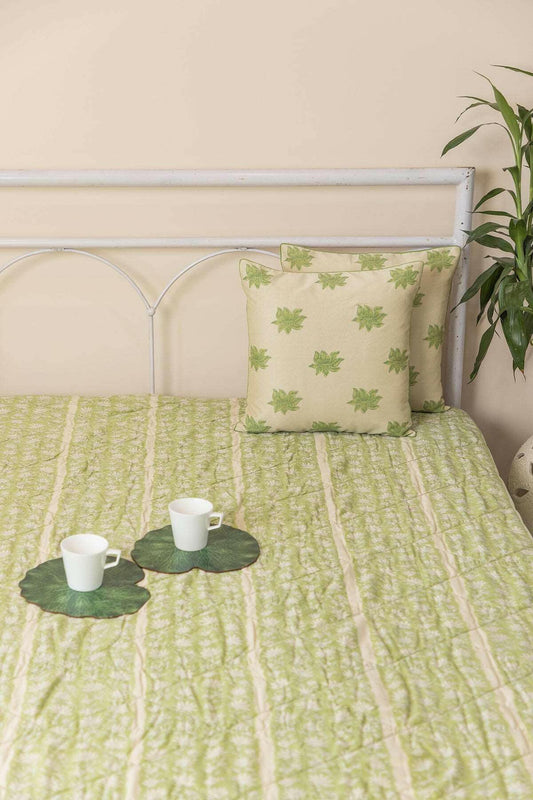 Green Hibiscus Quilted Bedcover