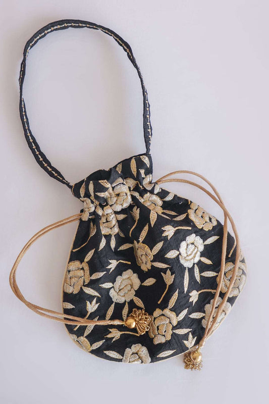 Black Shimmer Parsi Embroidery Potli Bag