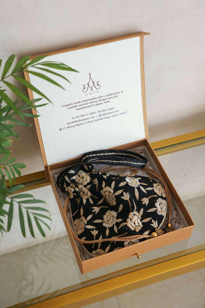 Black Shimmer Parsi Embroidery Potli Bag