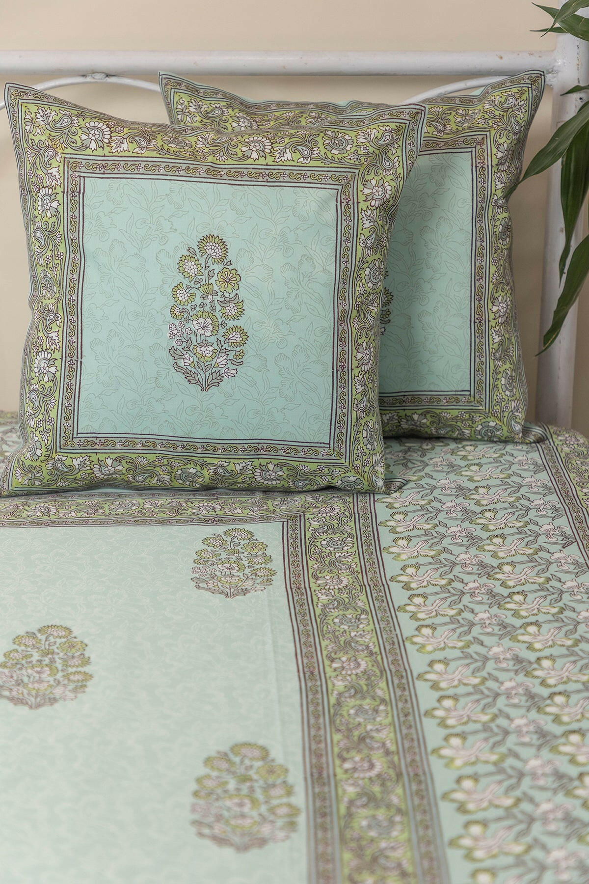 Mint Green Floral Cotton Bedcover