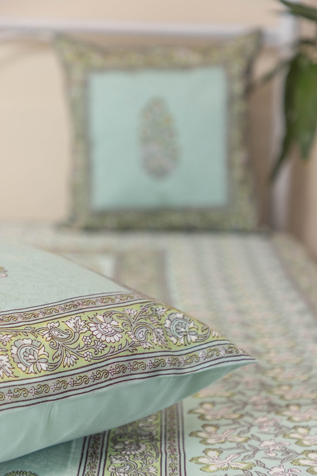 Mint Green Floral Cotton Bedcover