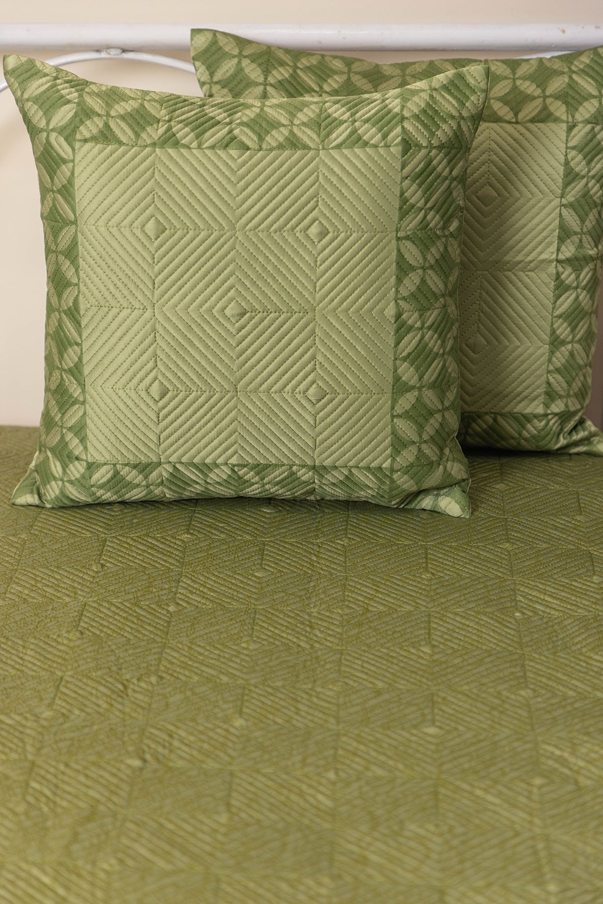 Olive Green Chequered Quilted Bedcover