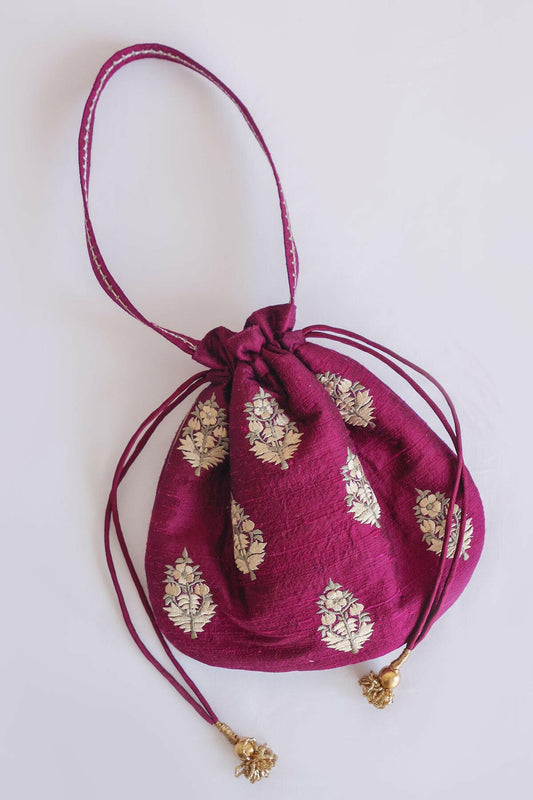 Wine Parsi Embroidery Potli Bag