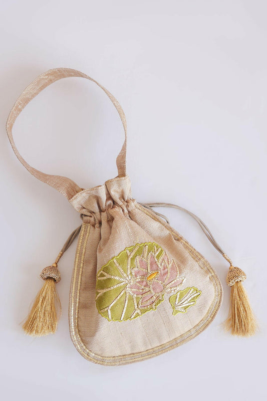 Lotus Leaf Raw Silk Potli Bag