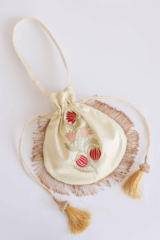 Tulip Tassel Raw Silk Potli Bag