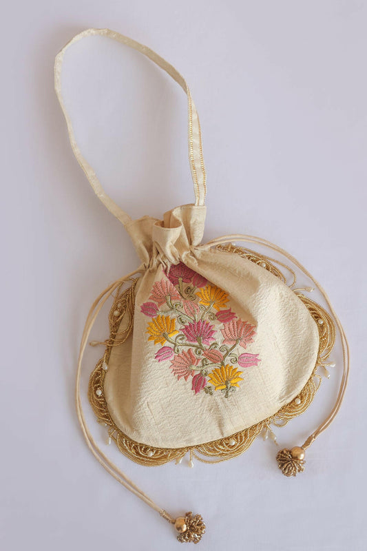 Ivory Embroidered Raw Silk Potli Bag