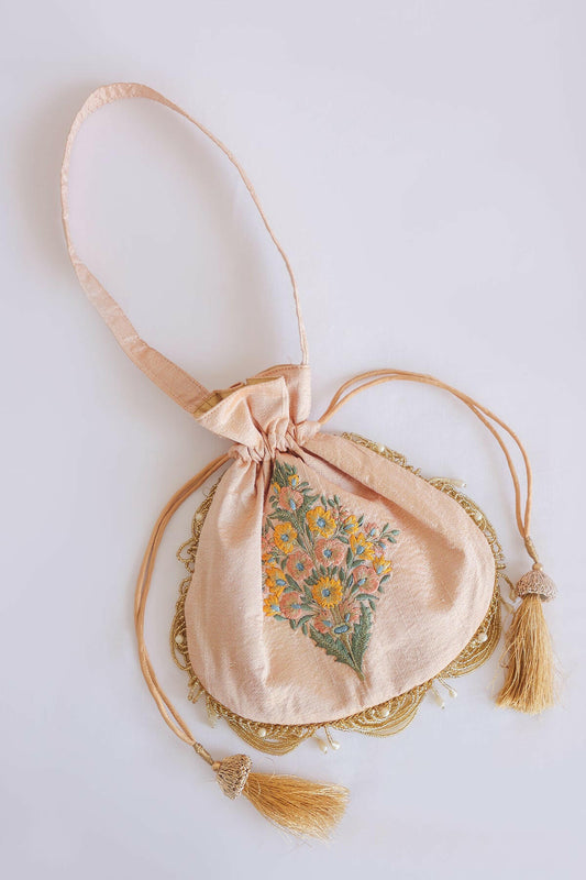 Off White Embroidered Raw Silk Potli Bag