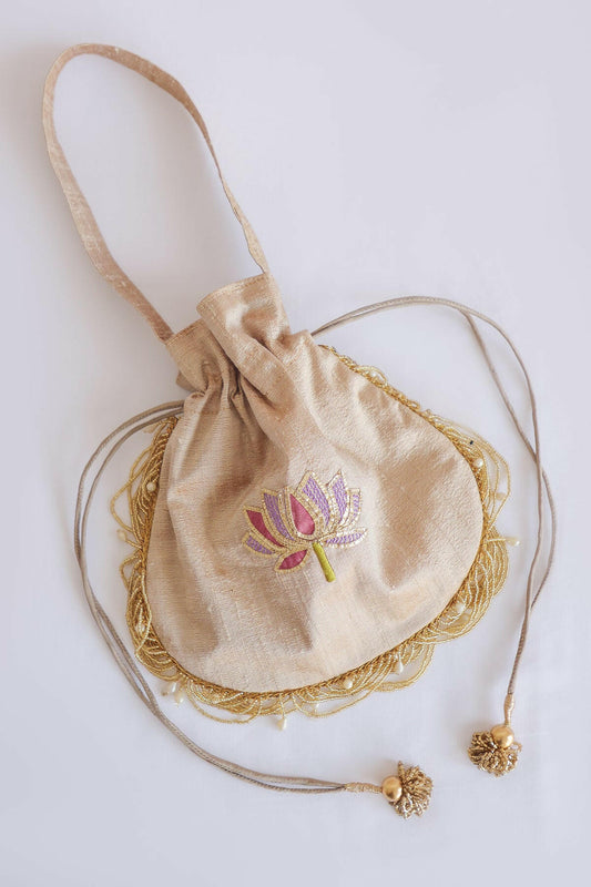 Lotus Raw Silk Potli Bag