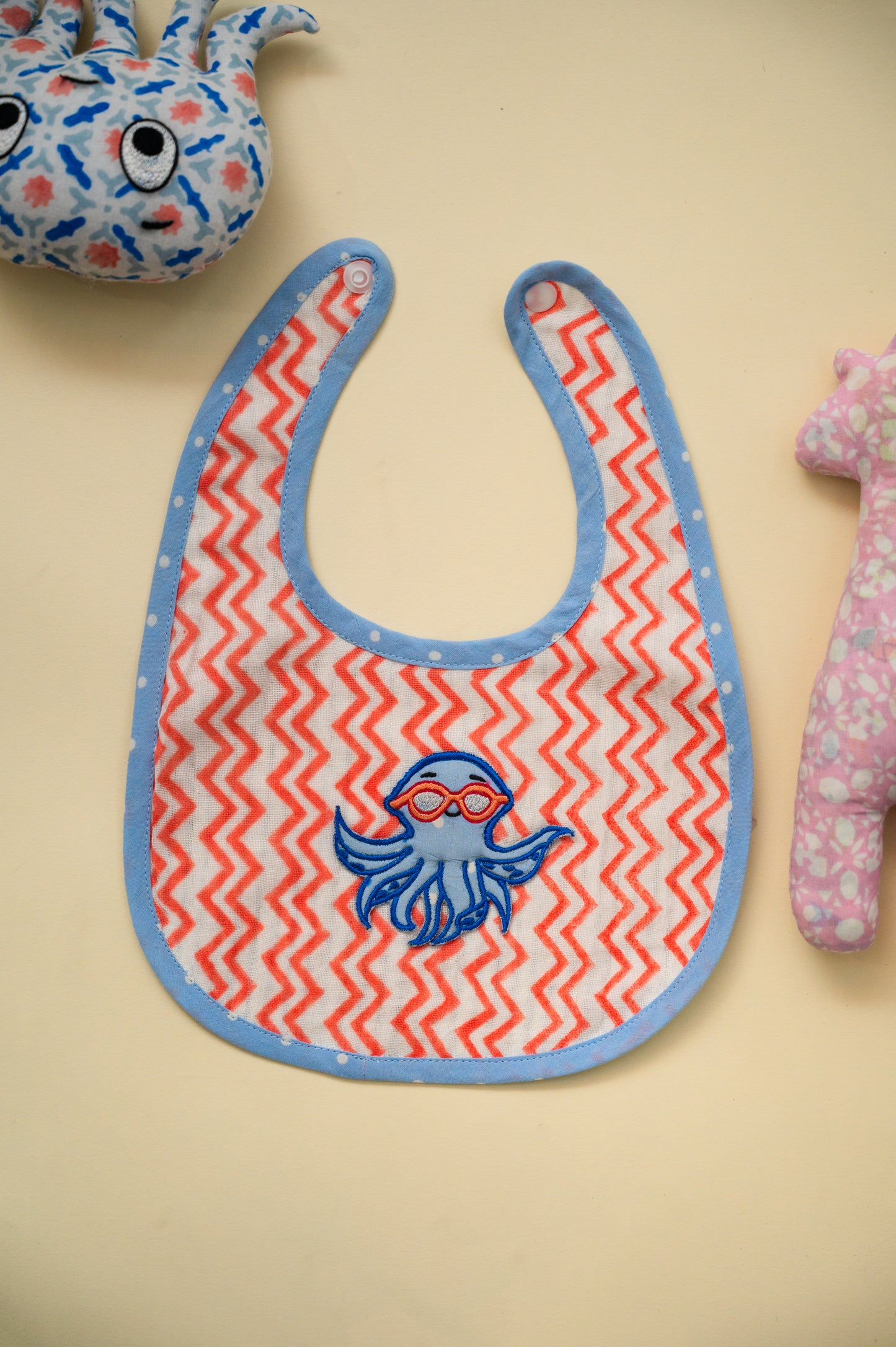 Blue Octopus Embroidered Cotton Reversible Bib - Pack of 2