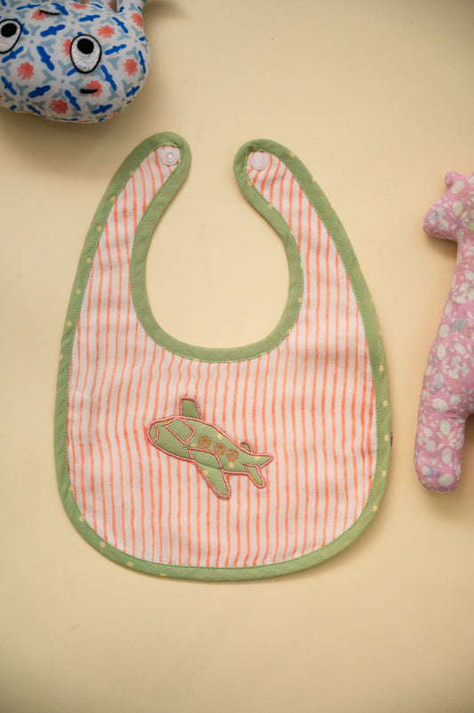 Green Aeroplane Embroidered Cotton Reversible Bib - Pack of 2