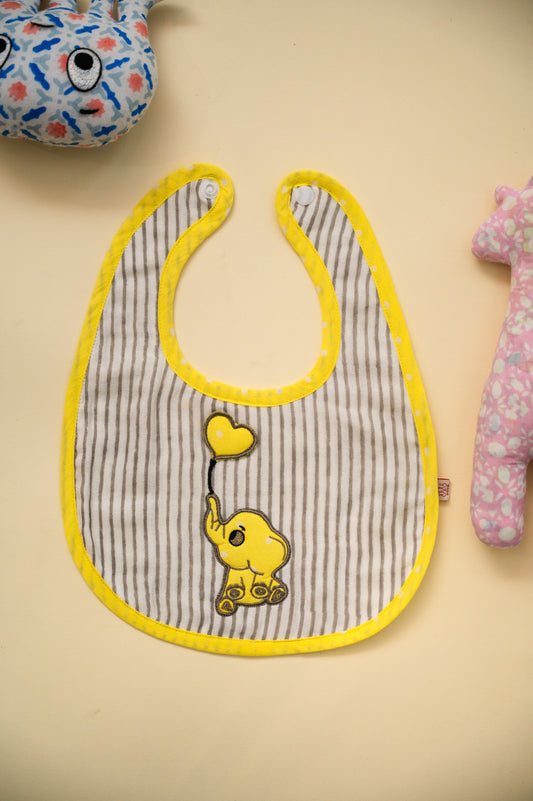 Yellow Elephant Embroidered Cotton Reversible Bib - Pack of 2