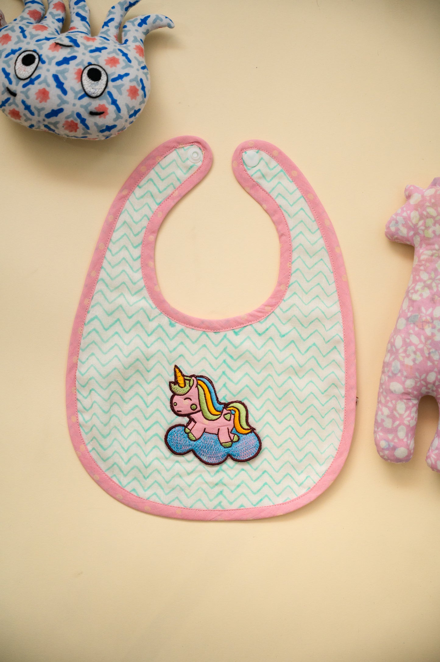 Pink Unicorn Embroidered Cotton Reversible Bib - Pack of 2