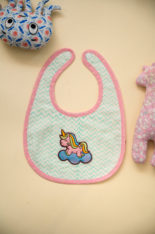 Pink Unicorn Embroidered Cotton Reversible Bib - Pack of 2