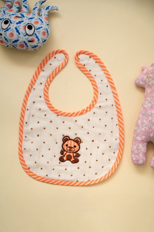 Peach Teddy Embroidered Cotton Reversible Bib - Pack of 2