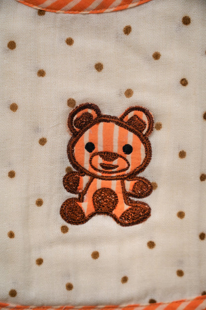 Peach Teddy Embroidered Cotton Reversible Bib - Pack of 2