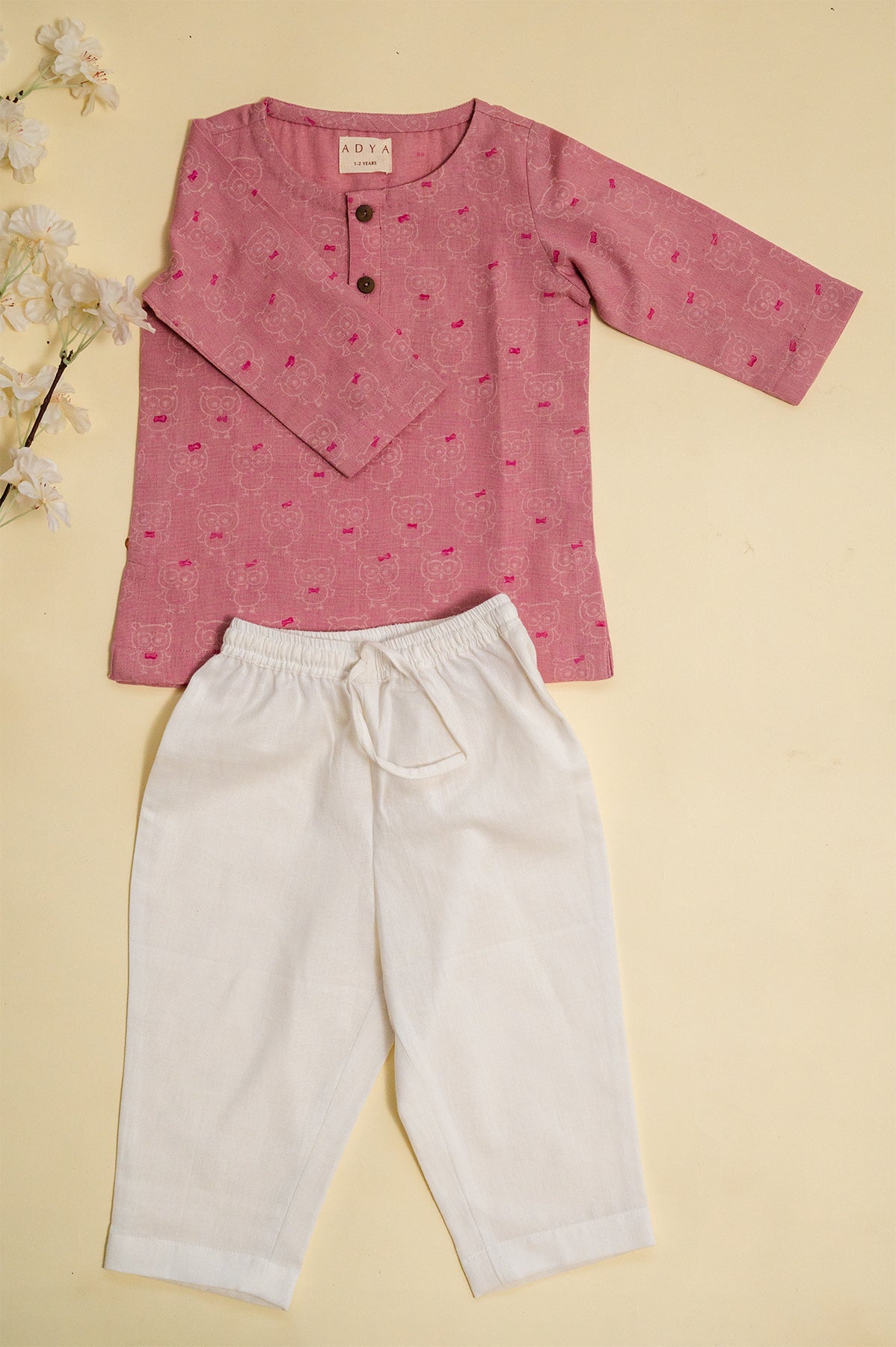 Pink Owl Block Print Kurta Set