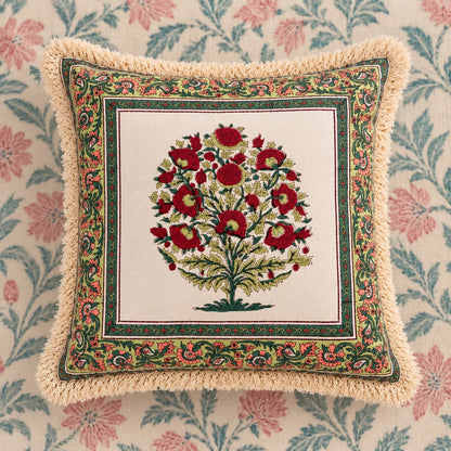 Mughal Floral Block-Print Fringe Cushion Cover