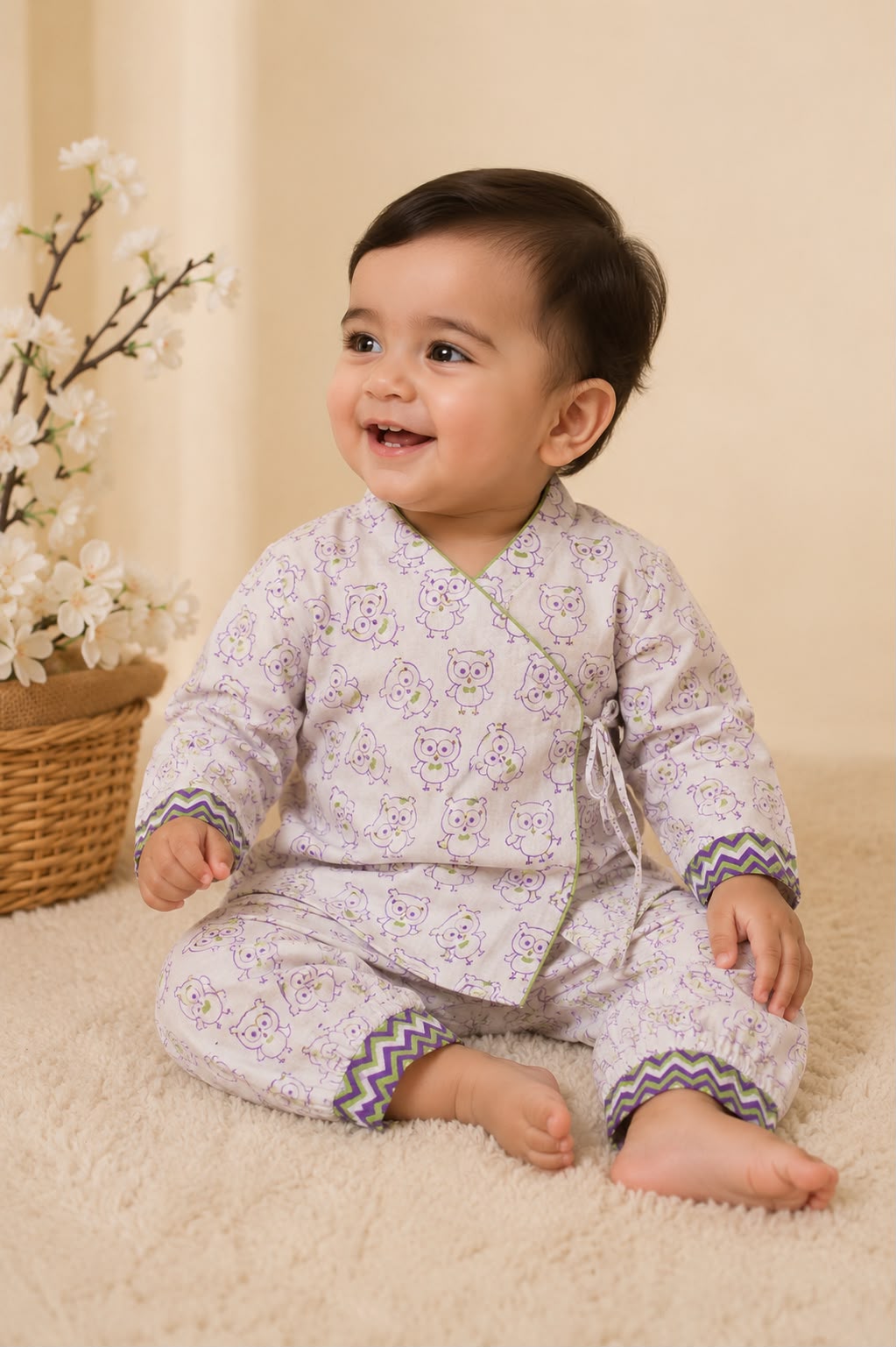 White Angrakha Owl Kids Night Suit