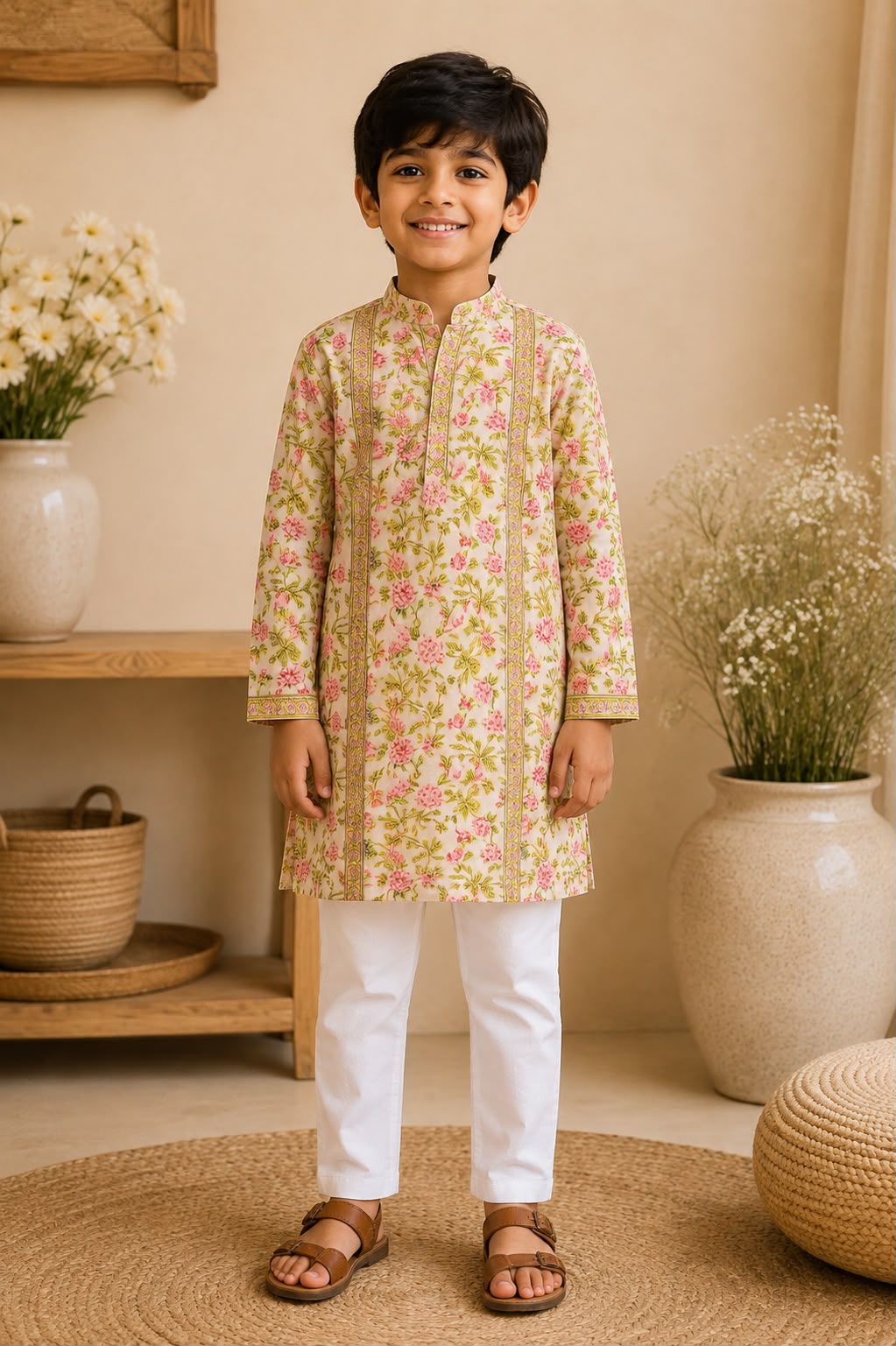 Light Yellow Floral Block Print Boys Kurta
