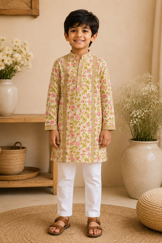 Light Yellow Floral Block Print Boys Kurta