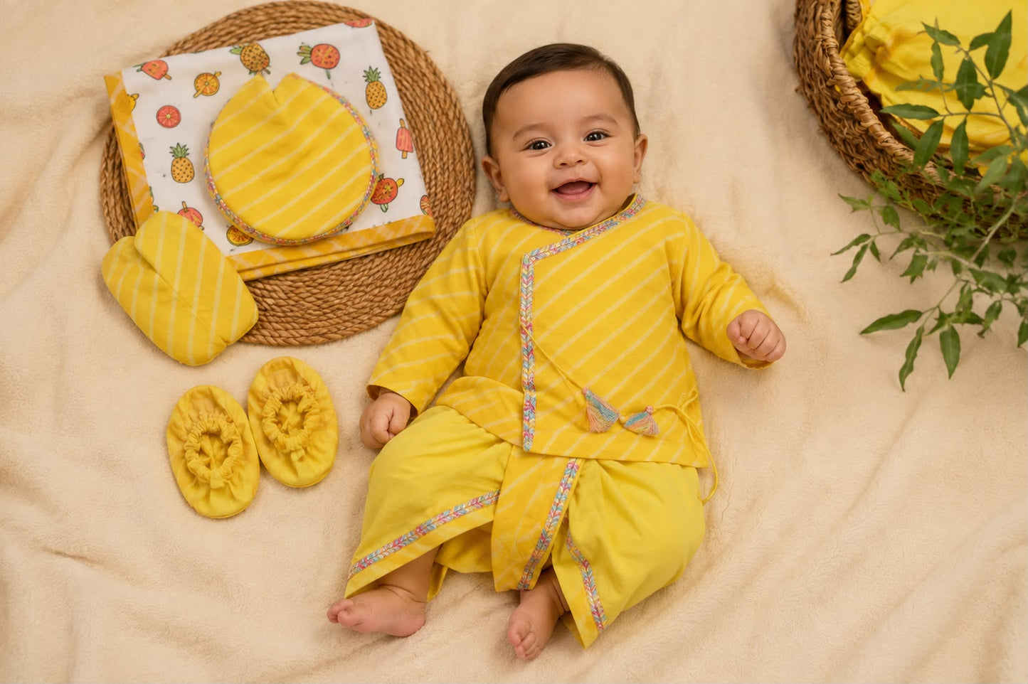 Newborn Yellow Leheriya Jamna Set for Boy