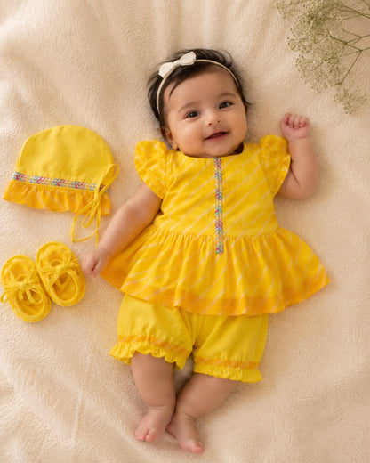 Newborn Yellow Leheriya Jamna Set for Girl