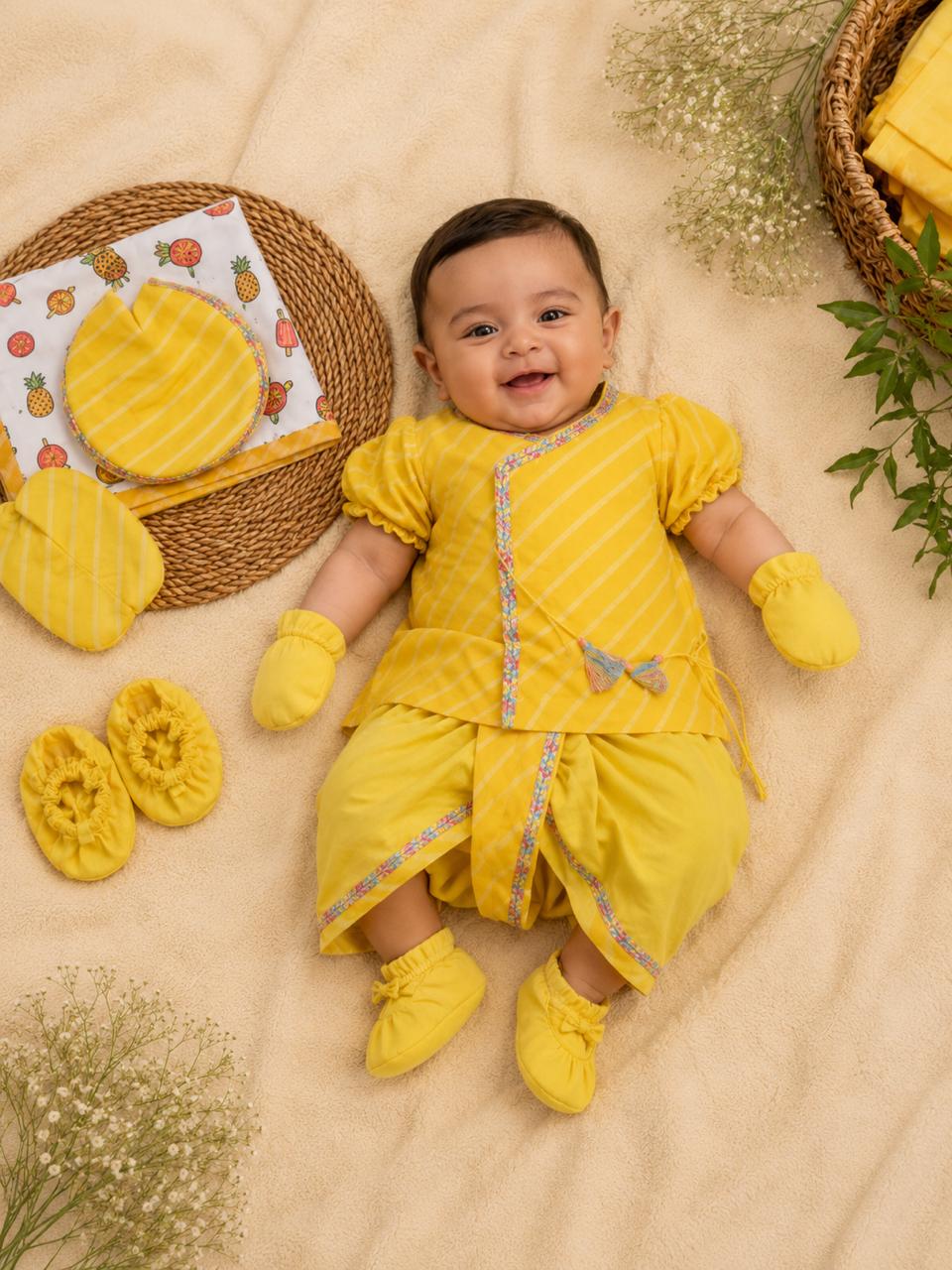 Newborn Yellow Leheriya Jamna Set for Boy