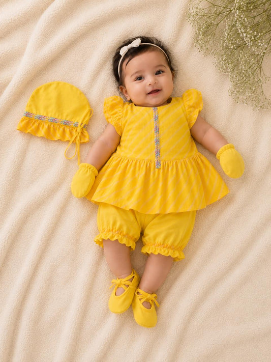 Newborn Yellow Leheriya Jamna Set for Girl