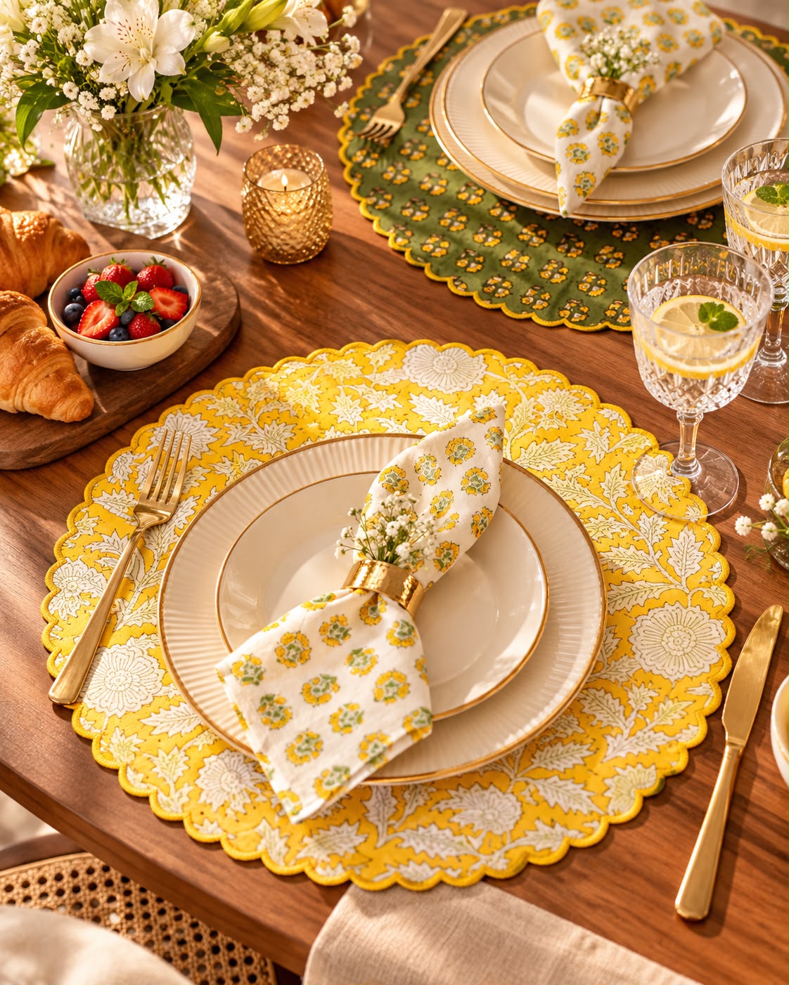 Green Scalloped Reversible Festive Table Mat Set