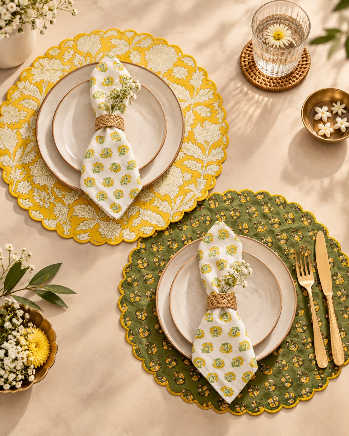 Green Scalloped Reversible Festive Table Mat Set