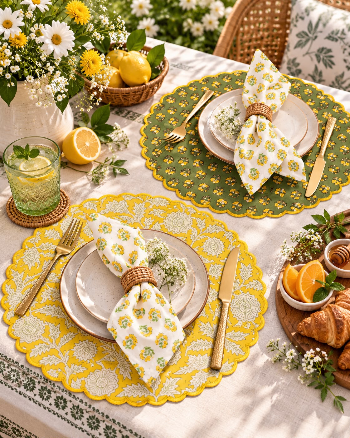 Green Scalloped Reversible Festive Table Mat Set