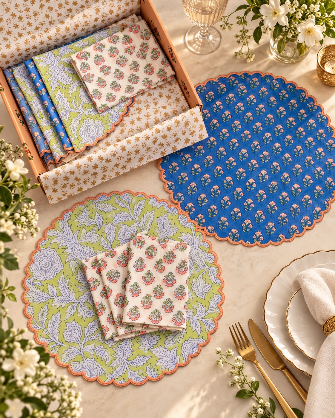 Blue Scalloped Reversible Festive Table Mat Set