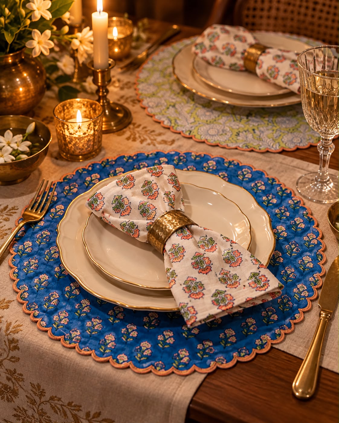 Blue Scalloped Reversible Festive Table Mat Set