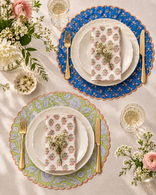 Blue Scalloped Reversible Festive Table Mat Set