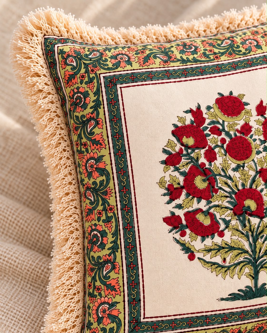 Mughal Floral Block-Print Fringe Cushion Cover